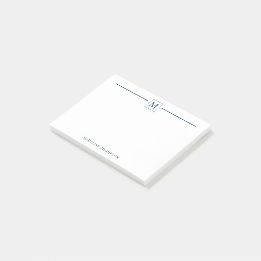 Moderne minimalistische marineblauwmonogram vierka post-it® notes (Schuin)