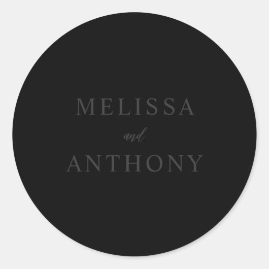 Moderne minimalistische mat zwart bruiloft ronde sticker (Voorkant)