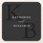 Moderne Minimalistische Mat Zwart Monogram Huwelij Kartonnen Onderzetters (Voorkant)