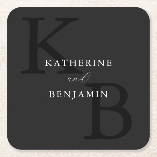 Moderne Minimalistische Mat Zwart Monogram Huwelij Kartonnen Onderzetters (Voorkant)