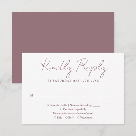 Moderne minimalistische Mauve elegante script brui RSVP Kaartje (Voorkant / Achterkant)