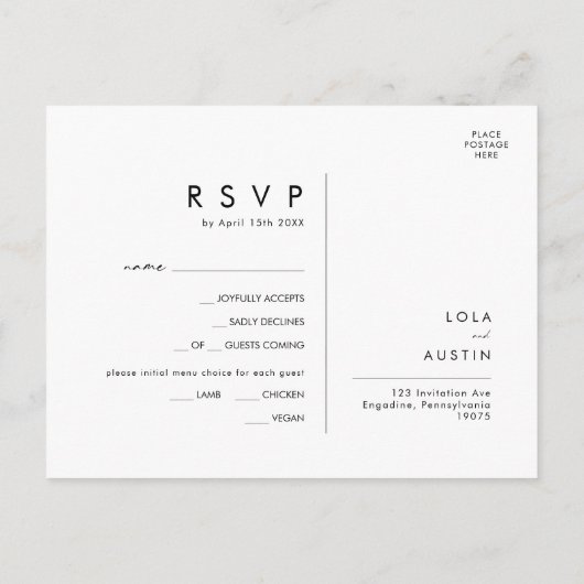 Moderne minimalistische menu keuze RSVP-kaart (Achterkant)