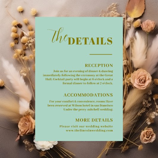 Moderne minimalistische mintgroene details informatiekaartje