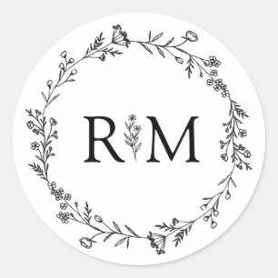 Moderne minimalistische monogram botanische bruilo ronde sticker