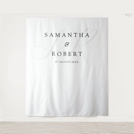 Moderne minimalistische monogram bruiloft achtergr wandkleed (Voorkant)