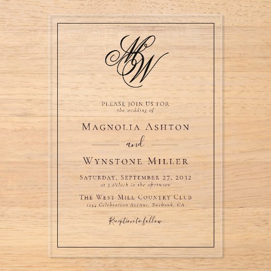 Moderne minimalistische monogram bruiloft acryl uitnodigingen (Voorkant)
