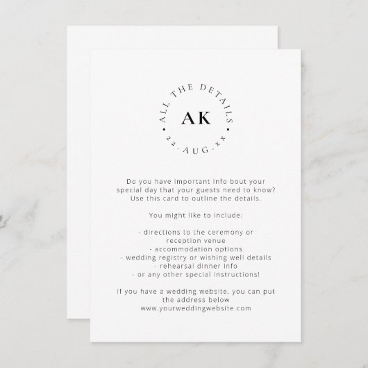 Moderne minimalistische Monogram bruiloft Initiale Informatiekaartje (Voorkant / Achterkant)