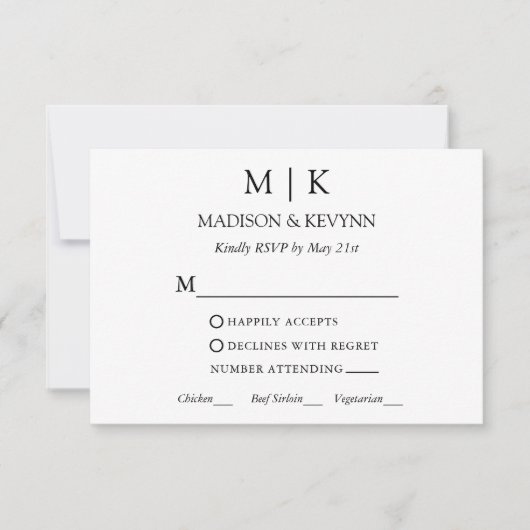 Moderne minimalistische monogram bruiloft maaltijd RSVP kaartje (Voorkant)