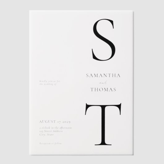 Moderne minimalistische monogram bruiloft vellum uitnodigingen (Voorkant)