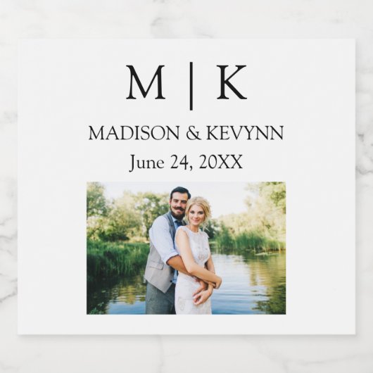 Moderne minimalistische monogram fotobruiloft sparkling wijnetiket (Enkel label)