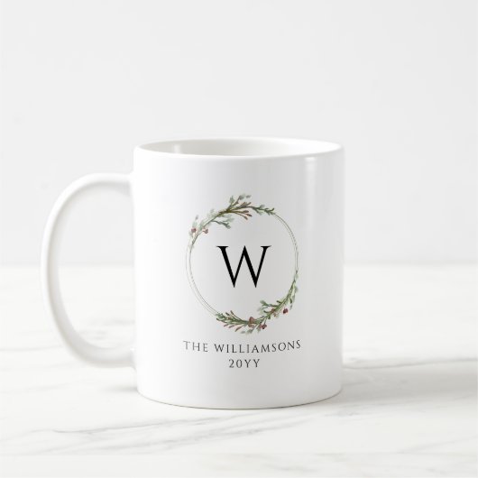 Moderne Minimalistische Monogram Krans Koffiemok (Links)