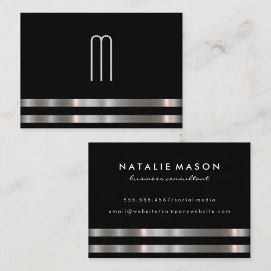 Moderne minimalistische monogram metallic zilver t visitekaartje (Voorkant / Achterkant)