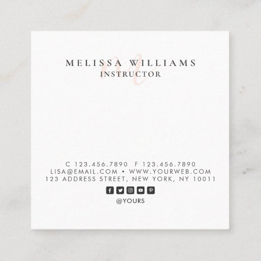 Moderne minimalistische monogram pasta Blush Luxe Vierkante Visitekaartje (Achterkant)