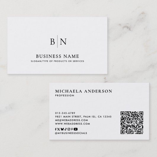 Moderne Minimalistische Monogram QR-code & Sociale Visitekaartje (Voorkant / Achterkant)
