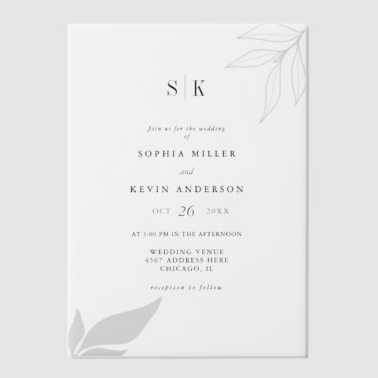 Moderne minimalistische monogram tak verlaat bruil vellum uitnodigingen (Voorkant)