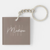 Moderne Minimalistische Monogram Taupe Script Naam Sleutelhanger (Achterkant)