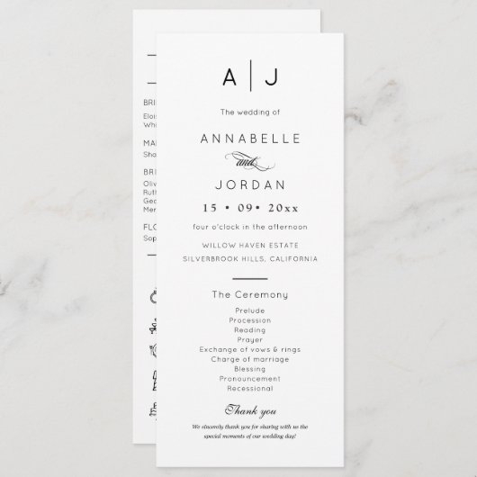 Moderne minimalistische monogram tijdloze bruiloft programmakaart (Voorkant / Achterkant)