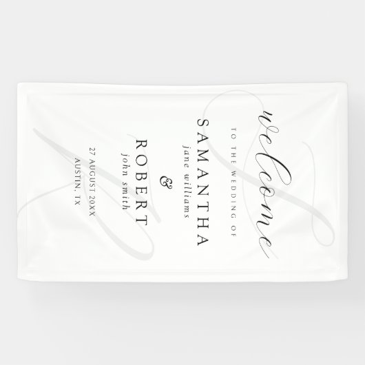 Moderne minimalistische monogram witte bruiloft we spandoek (Horizontaal)