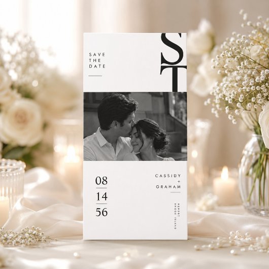 Moderne Minimalistische Monogram Zwarte & Witte Fo Save The Date