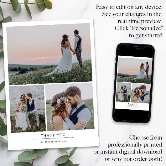 Moderne minimalistische multi foto bruiloft bedankkaart