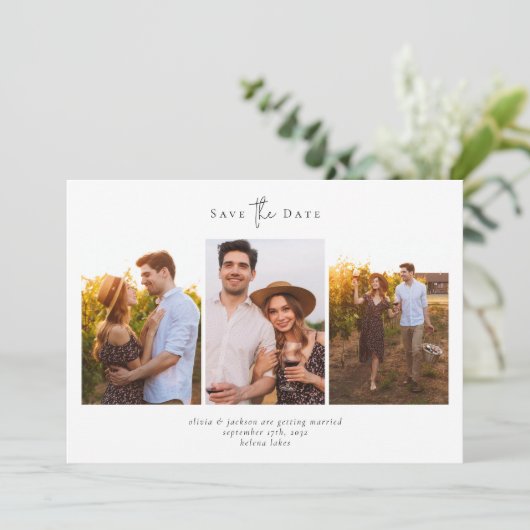 Moderne Minimalistische Multi-Foto-Collage Bruilof Save The Date (Staand voorkant)