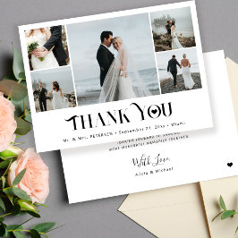 Moderne minimalistische multi fotocollage bruiloft bedankkaart