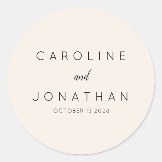 Moderne minimalistische naam van het huwelijk ronde sticker (Voorkant)