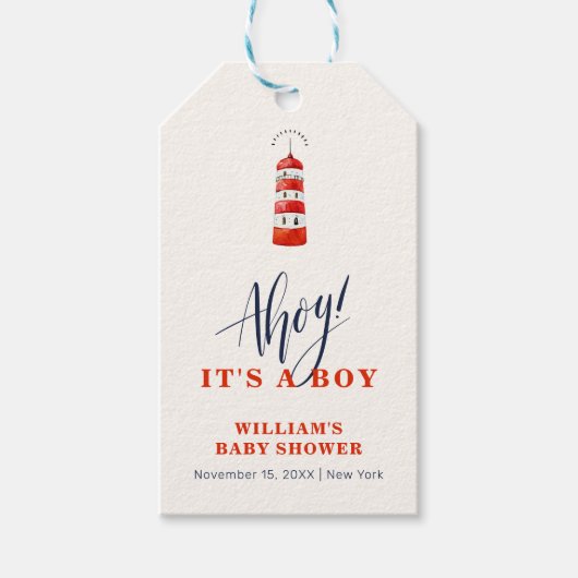 Moderne minimalistische nautische vuurtoren Baby s Cadeaulabel (Voorkant)