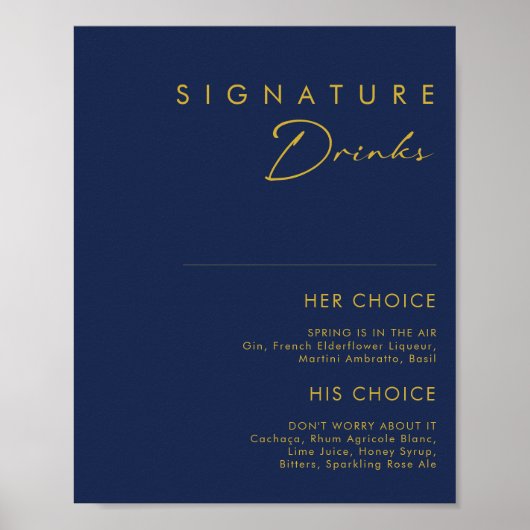 Moderne Minimalistische Navy Blauwe Gouden Signatu Poster (Voorkant)