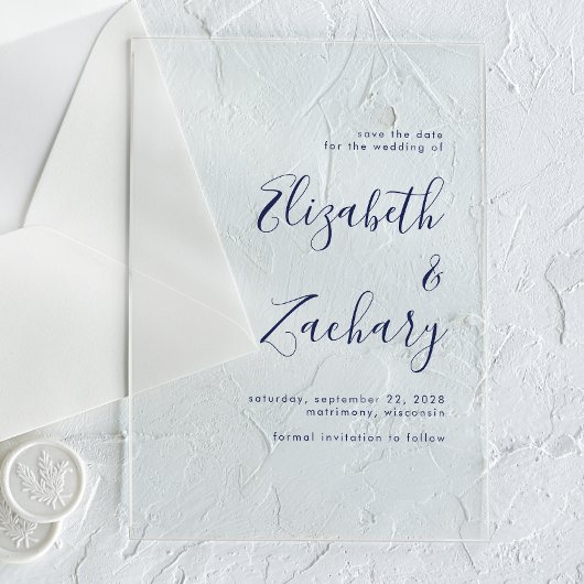 Moderne Minimalistische Navy Blauwe Script Bewaar  Acryl Uitnodigingen