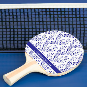 Moderne Minimalistische Navy Blauwe Witte Bloemrij Tafeltennisbatje