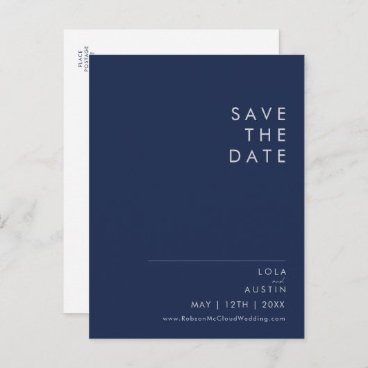 Moderne Minimalistische Navyblauw | Zilver Save Th Uitnodiging Briefkaart (Voorkant / Achterkant)