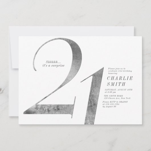 Moderne minimalistische nep zilveren 21e verjaarda kaart (Voorkant)