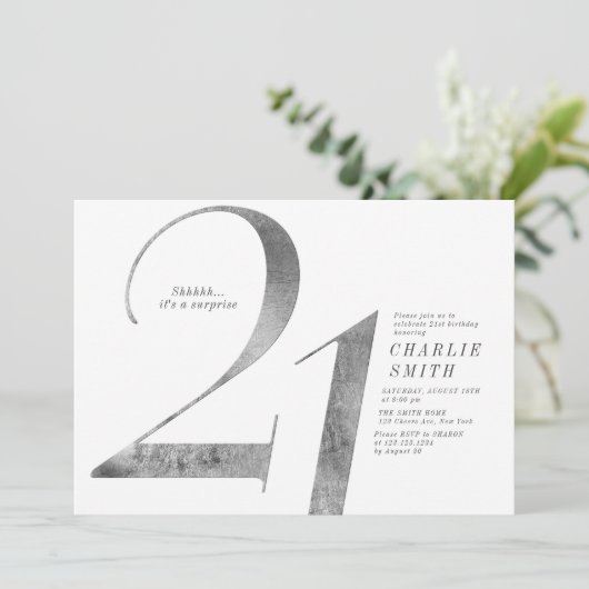 Moderne minimalistische nep zilveren 21e verjaarda kaart (Staand voorkant)