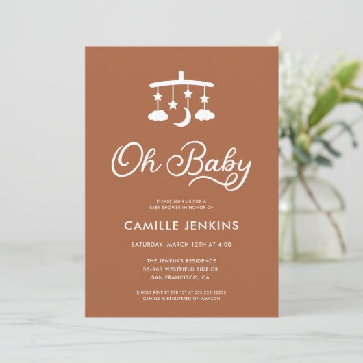 Moderne minimalistische Oh Baby shower Uitnodiging (Staand voorkant)