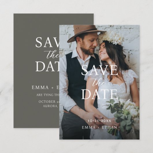 Moderne Minimalistische Olijfgrijs Save The Date (Voorkant / Achterkant)