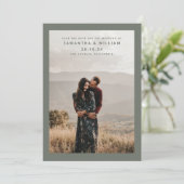 Moderne minimalistische olijfgrijze foto met mix & save the date (Staand voorkant)