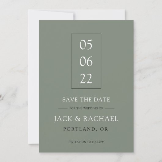 Moderne Minimalistische Olijfgroene Elegante Save The Date (Voorkant)