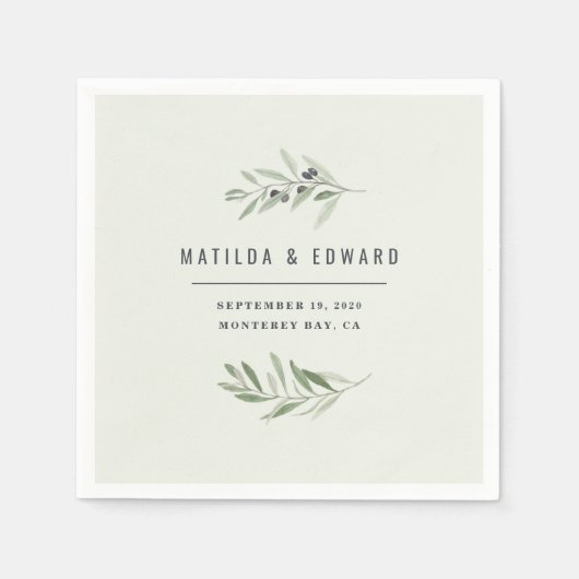 Moderne minimalistische olijftak blad bruiloft servet (Voorkant)