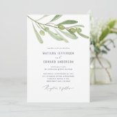 Moderne minimalistische olijftak salie bruiloft aankondiging (Staand voorkant)