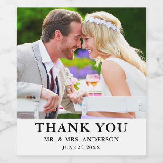 Moderne minimalistische paar foto bruiloft dank u wijn etiket (Enkel label)