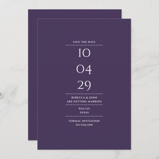 Moderne Minimalistische Paarse Bruiloft Save The Date (Voorkant / Achterkant)