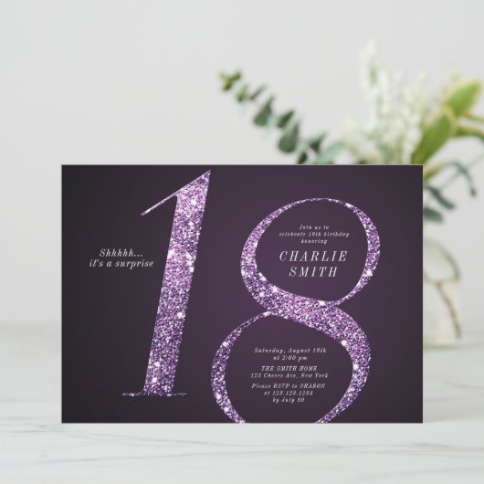 Moderne, minimalistische paarse glitter 18e verjaa kaart (Staand voorkant)