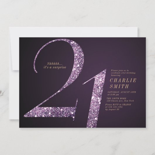 Moderne, minimalistische paarse glitter 21ste verj kaart (Voorkant)