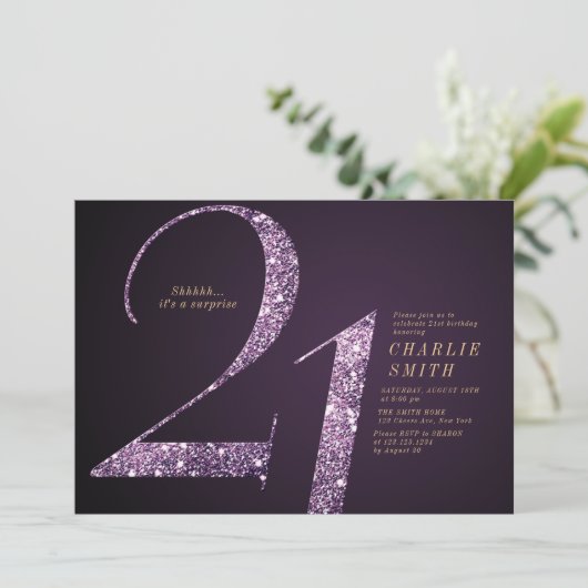 Moderne, minimalistische paarse glitter 21ste verj kaart (Staand voorkant)