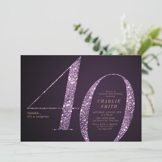 Moderne minimalistische paarse glitter 40e verjaar kaart (Staand voorkant)