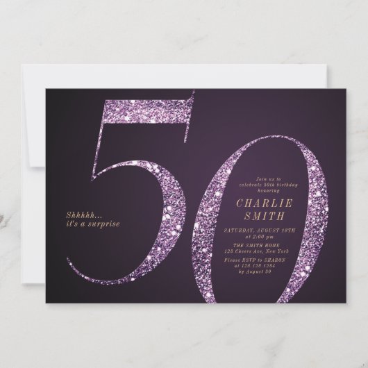 Moderne minimalistische paarse glitter 50e verjaar kaart (Voorkant)