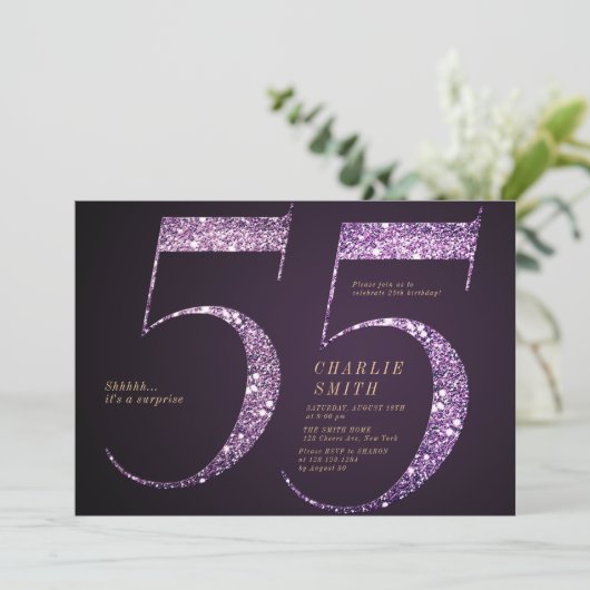 Moderne minimalistische paarse glitter 55e verjaar kaart (Staand voorkant)