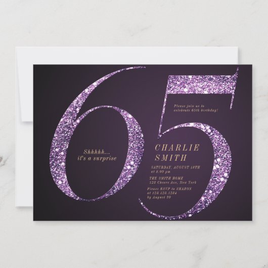 Moderne, minimalistische paarse glitter 65ste verj kaart (Voorkant)