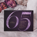 Moderne, minimalistische paarse glitter 65ste verj kaart<br><div class="desc">De moderne minimalistische 65e verjaardagsuitnodiging is voorzien van een stijlvol faux paars glitter number 65 en uw partijdetails in goudklassiek serif font op diepe paarse achtergrond,  eenvoudige en elegante,  verrassende verjaardagsuitnodiging voor volwassenen. De achtergrondkleur kan worden gewijzigd in elke kleur van uw keuze.</div>